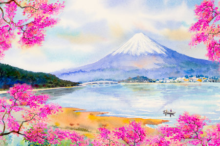 Mount Fuji and sakura cherry blossom at Lake kawaguchiko in Japan spring season. Watercolor painting landscape illustration. Popular famous landmark in the Asiaの写真素材