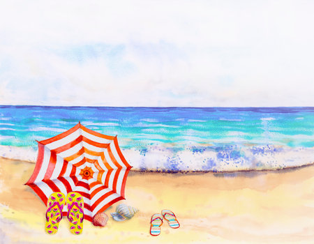 Watercolor seascape painting colorful of sea view, beach, wave and accessories umbrella, shoes, shell, summer holiday in the morning bright, nature beauty season. Painted  illustration, copy spaceの写真素材