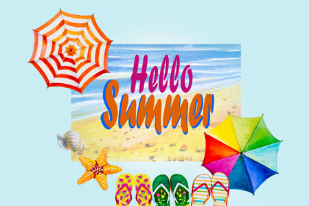 Hello summer. watercolor painting colorful banner design sea beach wave and accessories multicolor umbrella, flip-flops,starfish, summer holiday in blue background, beauty season. Painted illustrationの写真素材