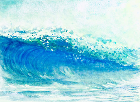 Watercolor painting big sea wave of storm waves in the sea, background emotions are sprayed in the sky. Hand painted illustration, Impressionist modern.の写真素材