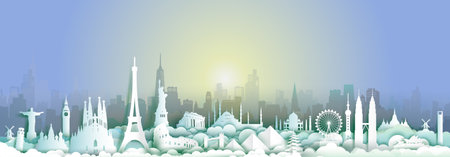 Landmarks of the world with city and sunset background, Travel around the world to France,England,Spain,Italy,Egypt,America,Europe and Asia with paper cut and  style for travel poster and postcard.のイラスト素材