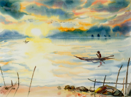 Fishing man sailing on the lake. Watercolor seascape original painting colorful of fishing boat and emotion in sunshine and cloud bottom background. Sunrise in early morning with bird flying on skyの写真素材