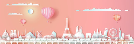 Traveling Europe landmarks of world with train and ballon, Travel around the world with panoramic cityscape, Popular capital,Origami paper cut style for travel postcard valentines,Vector illustration.のイラスト素材
