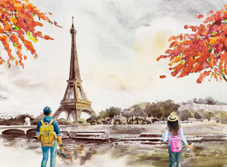 Paris european city landscape. France, eiffel tower and man, woman, tourist take photos for vacation romantic the Seine river view, Watercolor painting illustration vintage background. world landmarkの写真素材