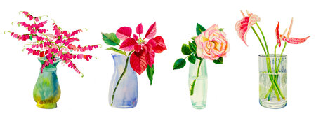 Set flowers in vases, Watercolor paintings flower bouquets red, pink colors in glass vase. hand drawn design elements. spring flower in bright, isolated on white background.の写真素材