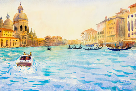 Grand Canal in Venice, Italy. Santa Maria della Salute church. Motor boats are the main transport in Venice with gondoliers. Watercolor landscape original painting illustration landmark of the world.の写真素材