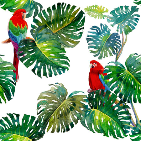 Tropical seamless foliage pattern with Macaw bird. Watercolor tropic drawing, bird and monstera greenery palm tree, tropic green texture, painting illustrationの写真素材