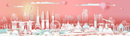 Landmarks Asia travel downtown cityscape skyline and tourism,Traveling landmark city capital by balloon and train,Travel world to Asia, For poster and postcard, Vector illustration origami paper.のイラスト素材