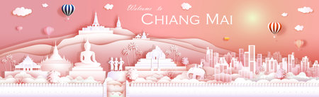 Travel landmark culture Chiangmai Thailand with temple, downtown, cityscape and Asia tourism, Traveling landmarks Doi Suthep, Doi Inthanon and by balloon, Tour panorama view sunrise, Vector illustration.のイラスト素材