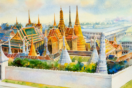 Royal grand palace and Wat phra kaew in Bangkok, Thailand. Watercolor painting landscape of visit tourism location beautiful Temple of the Emerald Buddha. Hand paint illustration, landmark of Asia.の写真素材