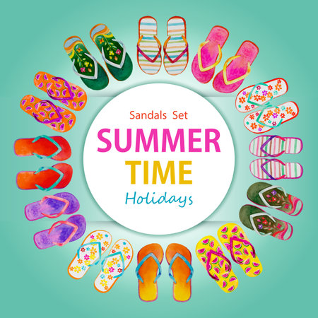 Beach sandals for summer holiday, Flip set of colorful isolated on blue background. Watercolor painting illustration collection of trendy design and stylish, Hand drawn, Vector watercolor style.のイラスト素材