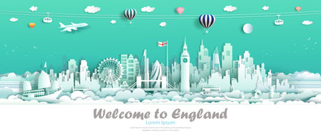 Travel london england famous landmarks Europe downtown country of island,Tour city architecture downtown to london with origami paper cut cute for travel business landmark england. Vector illustrationのイラスト素材
