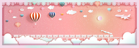 Travel happy new year and christmas with balloons, train and airplane, Vector illustration for Wallpaper, flyer, invitation, card, posters, postcard, brochure, advertising, Paper cut origami style.のイラスト素材