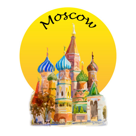 Modern art, symbol, Watercolor painting illustration. World famous landmark Cathedral of St. Basil in the Red Square Russia. the main tourist attraction in Moscow, Russia.のイラスト素材