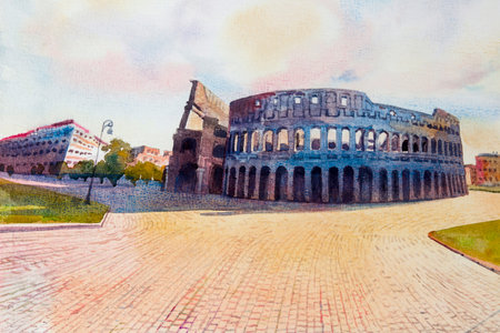 Hand drawn watercolor painting -  Colosseum in Rome, Italy, Illustration art, sky background on paper, Travel landmark of the world.の写真素材