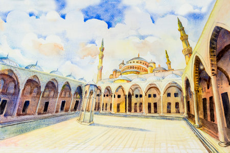 Istanbul, Turkey, The Blue Mosque. A landmark of the world is a tourist attraction in the Turkey. Watercolor painting landscape, illustrationの写真素材