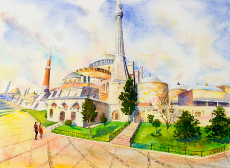Istanbul, Turkey, The Blue Mosque. A landmark of the world is a tourist attraction in the Turkey. Watercolor painting landscape, illustrationの写真素材