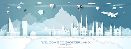 Travel panorama to switzerland top world famous palace and castle architecture. Tour zurich, geneva, lucerne, interlaken, landmark of europe with paper cut. Business brochure design for advertising.のイラスト素材