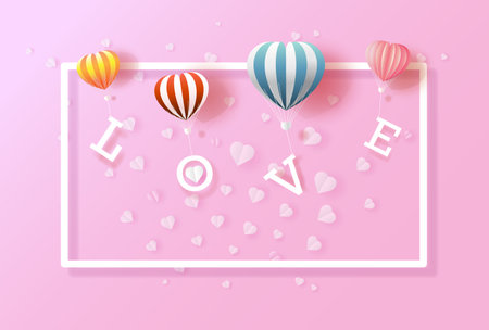 Balloons love valentine's day with heart on pink background, For anniversary wallpaper, flyer,  invitation, card, poster, postcard, brochure, banner, advertising, Vector illustration 3d text style.のイラスト素材
