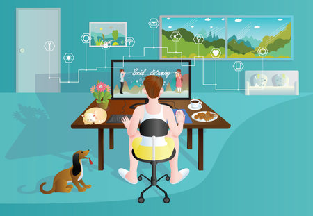 Home Office working at home by graphic designer modern flat vector concept digital illustration at home work. Creative freedom webpage laptop comfortable design for internet lifestyle living room.のイラスト素材