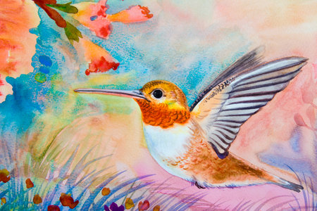 Watercolor landscape original painting on paper colorful of Humming bird flying from eat flower nectar and emotion in sky backgroundの写真素材