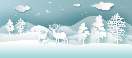 Deer family in natural background collection paper cut origami isolated style,Vector illustration wild animals deer family in nature background, Beautiful nature animal wild life in forest background.のイラスト素材
