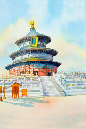 Paintings temple of heaven famous landmark tourism location Beijing city scenery in China. Watercolor painting landscape colorful of architecture angle view. Painted illustration, travel concept.の写真素材