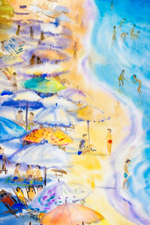 Watercolor seascape  original  painting colorful of couple family vacation and tourism in an atmosphere of fun colorfulの写真素材