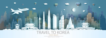 Travel landmarks south korea city with flight and balloon, Tour landmark the world to history with panorama view cityscape popular capital, Origami paper cut style for advertising,Vector illustration.の写真素材