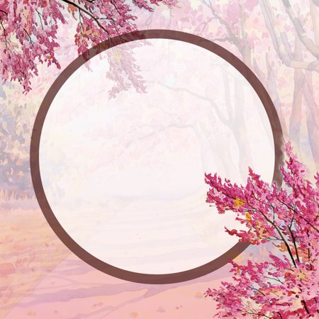 Hello Spring season. Watercolor painting spring with floral elements and white circle space on nature background. Romantic greeting card, wordsing text in pastel colors, hand drawn illustration imageの写真素材