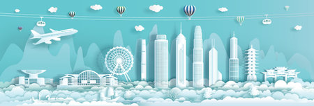 Travel Landmark downtown China Hong Kong with urban skyscraper background, Travelling cityscape skyline and architecture Asian at Hong Kong and modern building, Vector illustration panorama view.のイラスト素材