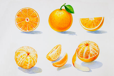 Painting summer orange collection, isolated. Original hand drawn watercolor paintings, illustration on white background with poster wallpaper for fun party, promotion banner and brochures flyers.の写真素材