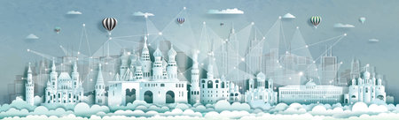 Travel landmarks of Russia with technology wireless network communication smart city with architecture in moscow downtown skyscraper on blue texture background, Vector illustration futuristic city.の写真素材