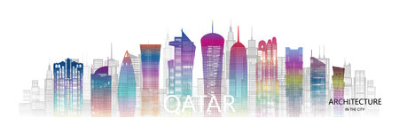 Modern architecture skyscrapers in Qatar with colorful of Asia. Tour  Qatar architectural landmarks famous city of Doha in Asia on a white background. Tour Qatar with panoramic popular capital city.のイラスト素材