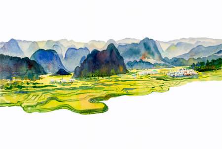 Paintings watercolor landscape original of village mountain hill, cornfield and meadow countryside. Hand painted illustration isolated on white ackground, beauty nature spring season.の写真素材
