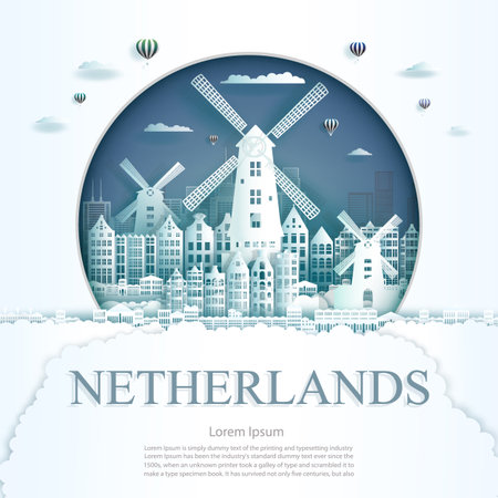 Travel Netherlands monument in amsterdam city modern building in circle blue background. Business travel poster and postcard.のイラスト素材