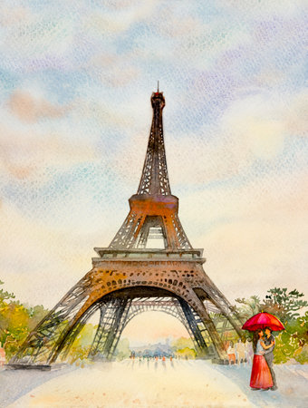 Paris european city landscape. France, eiffel tower and man women couple, umbrella red, flower garden trees. Watercolor painting illustration, wedding Valentine day, greeting card with advertising.の写真素材