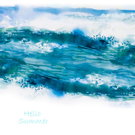 Abstract blue background, summer concept. Watercolor seascape painting colorful of sea beach wave. Hand drawn of texture design illustration with background postcard poster products advertising.の写真素材