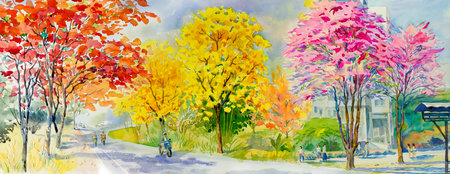 Painting waterlcolor landscape original colorful of red pink yellow flower tree roadside with traveling spring season environment rural society and cloud in the sky background. Painted illustrationの写真素材