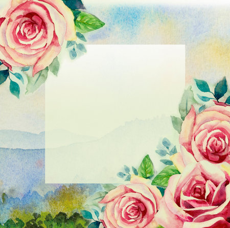 Watercolor painting spring vintage floral red pink color of roses flowers bouquet with holiday beauty nature on mountain blue sky background. Handmade illustration.の写真素材