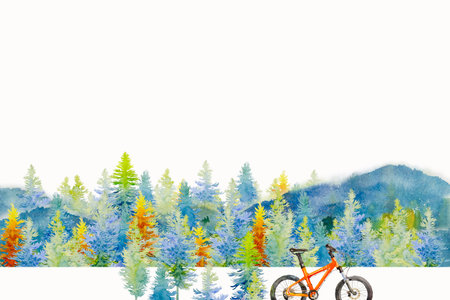 Watercolor painting of the forest background. blue green with yellow,  winter or spring woods, nature landscape with evergreen coniferous trees. Travel woodland and mountainbike scene illustration.の写真素材