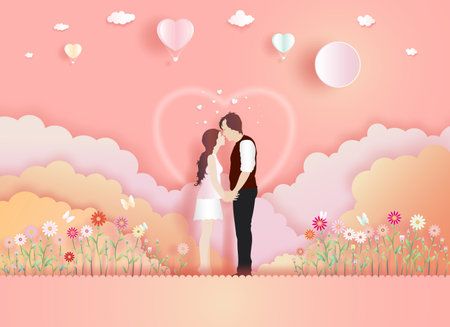 Young couples in romantic love with butterfly and flowers on pink background. Family, Love, Relationship, memory concept, Vector illustration paper cut for greeting card, wallpaper, posters, postcard.のイラスト素材