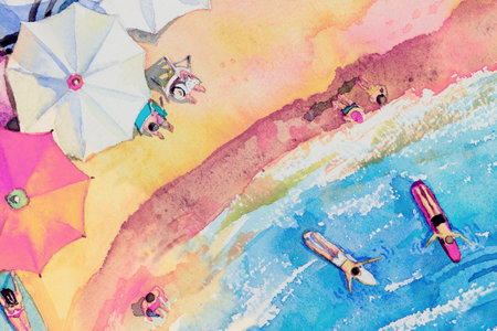 Painting watercolor seascape Top view colorful of lovers, family vacation and tourism in summery, multi colored umbrella, sea wave blue background. Hand painted with advertising poster illustration.の写真素材