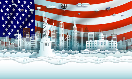 Vector illustration Anniversary celebration American day in national flag background with Travel landmarks architecture of America in manhattan and San Francisco, in paper art, paper cut style.のイラスト素材