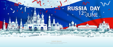 Illustration Anniversary celebration independence Russia day in background Russia flag, Travel landmarks architecture of russia in moscow and saint petersburg in paper cut style. Vector illustrationのイラスト素材