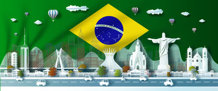 Landmark illustration anniversary celebration Brazil day with green flag background. Travel landmarks city architecture of Brazil in Rio de Janeiro in paper art, paper cut style. Vector illustrationのイラスト素材