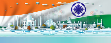 Vector illustration independence anniversary celebration nation day in India flag background. Travel silhouette landmarks architecture of India in mumbai with origami paper art, paper cut.のイラスト素材