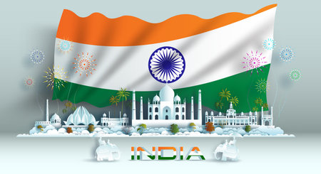 Happy independence anniversary celebration national day in India flag background with Travel...