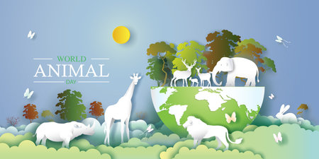 World Animals Day with deer, elephant, lion, giraffe, rabbit, rhinoceros and butterfly in forest,...