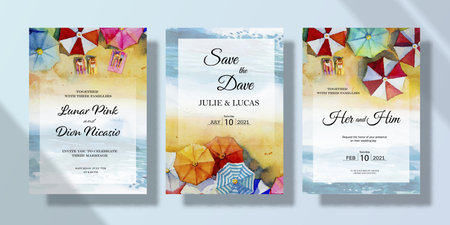 Wedding invitation card set with watercolor umbrella seascape paintings. Happy wedding in summer season, Painting umbrella and seascape ocean background. Save the date, invitation, greeting card.のイラスト素材